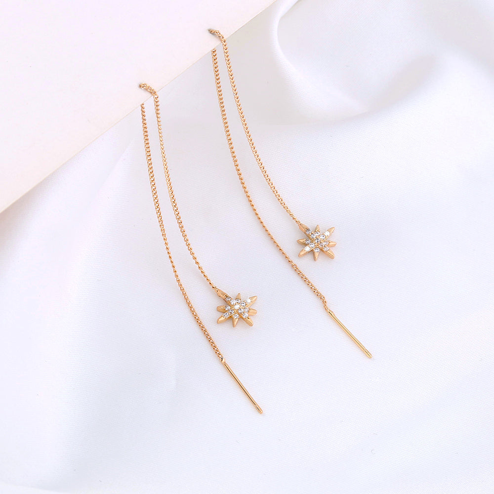 Gold Hexagram Zircon Long Tassel Ear Wires In Gold Copper