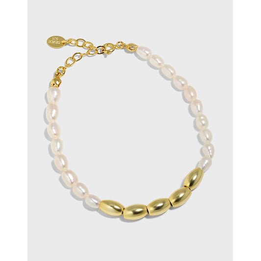 Asymmetry Oval Natural Pearls Beads 925 Sterling Silver Bracelet